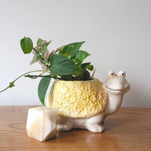 Vintage Yellow Ceramic Turtle Planter Plant Holder Pottery Desk Catchall